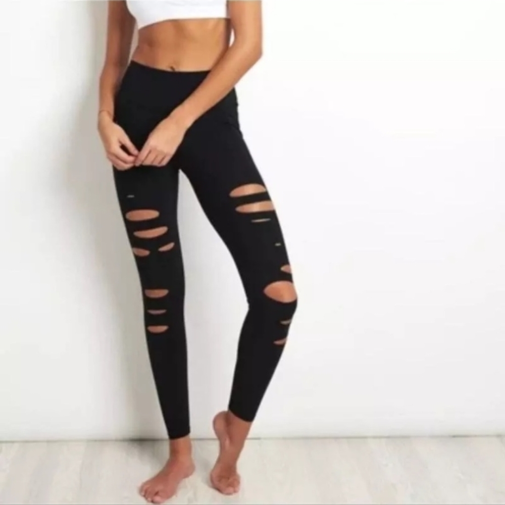 Alo Yoga High-Waist Ripped Warrior Hole Black Leggings  S Small Pants Distress